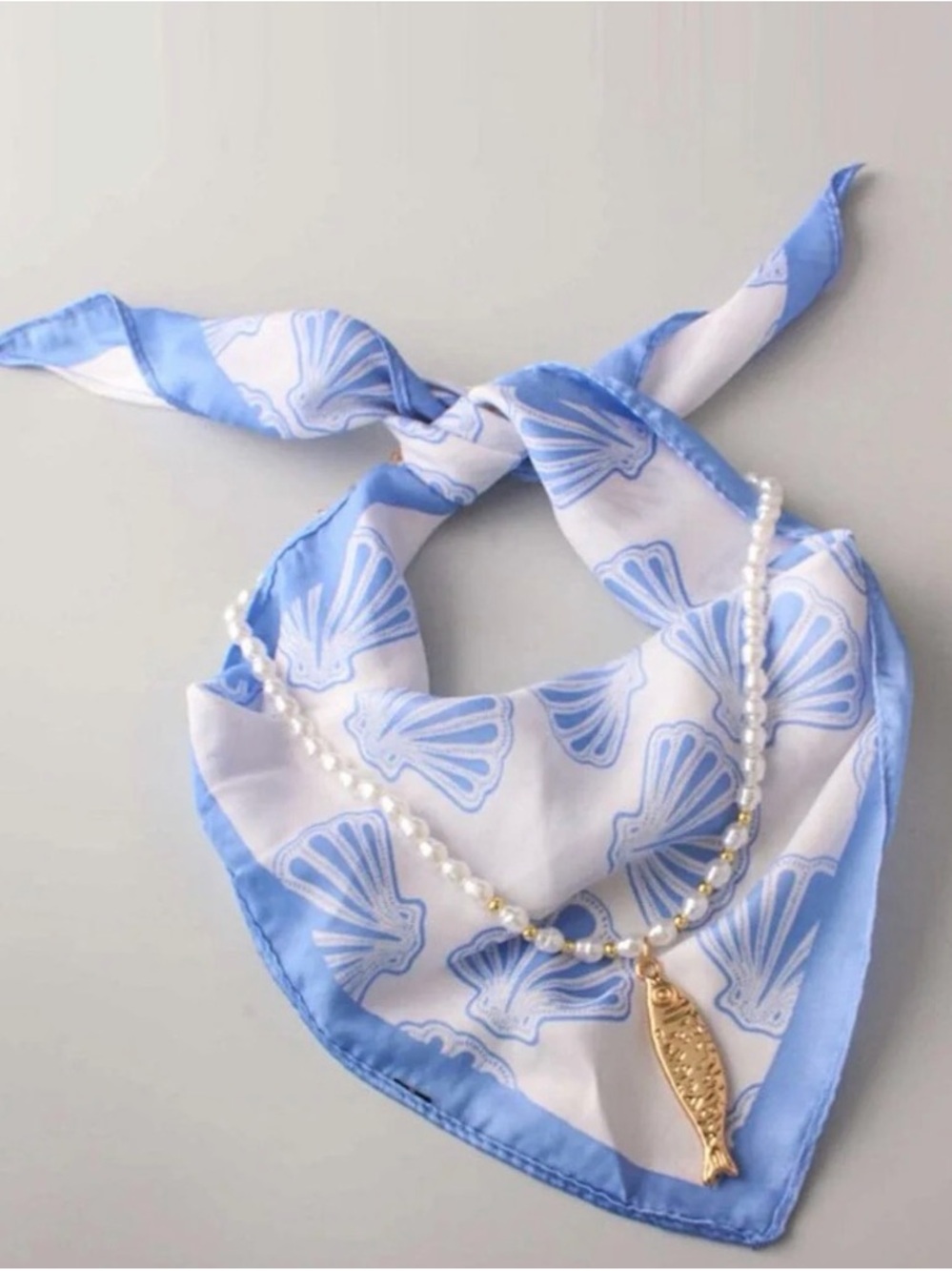 Blue & White Seashell Bandana Scarf & Fish Pendant Necklace Set